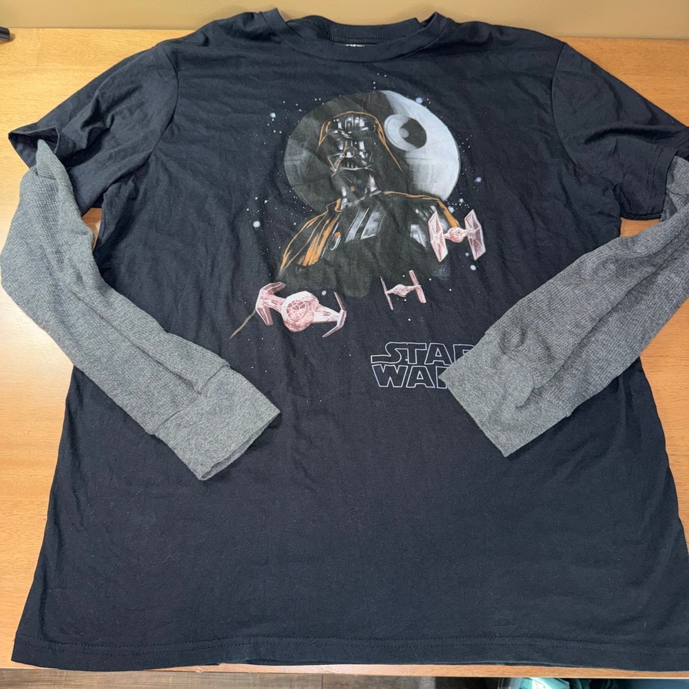 Star Wars Darth Vader Death Star Layered Look Long Sleeve Shirt Black Gray 2X